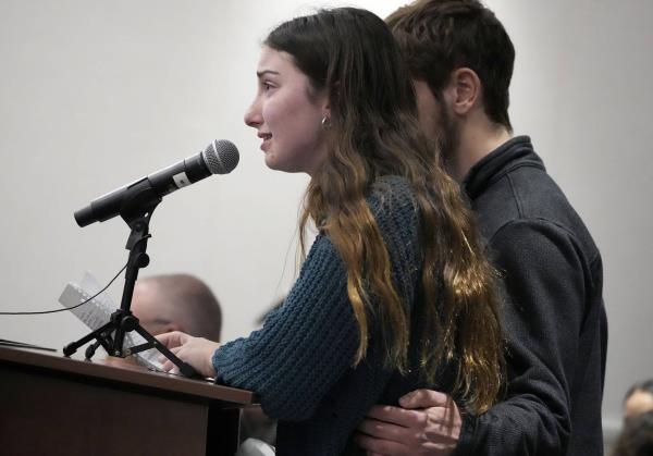 Alisha Kulich, left, the daughter of Jane Kulich, gives a victim statement as her brother, Jacob, stands by her side during Darrell Brooks' sentencing in a Waukesha County Circuit Court in Waukesha, Wis., on Tuesday, Nov. 15, 2022.