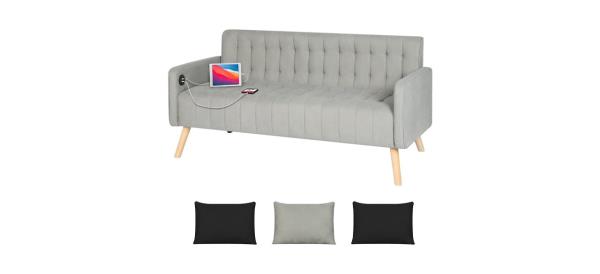 A white loveseat with two USB charging ports